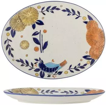 Bloomingville Servierplatte Steingut Lynna Blau Handbemalt Unikat Blue