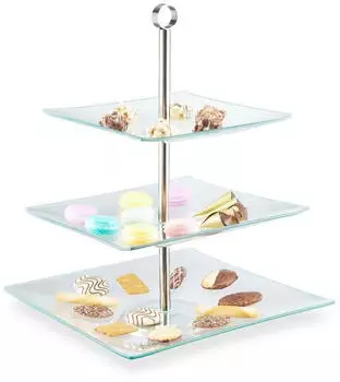 Relaxdays Etagere Glas Edelstahl 3-st&ouml;ckig eckig transparent/silber