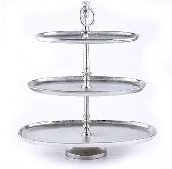 Marrakesch Orient & Mediterran Interior Annika Etagere 3 Etagen, oval, Aluminium, Silber, 48cm (di-2225-gr)