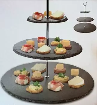 Spetebo Etagere 3-st&ouml;ckig, Schieferplatten rund, Metallstange (32x30cm)