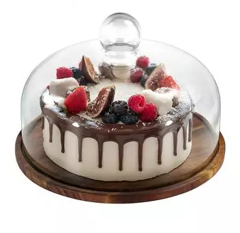 Relaxdays Tortenplatte mit Glashaube, Akazienholz, 28cm (10051621)