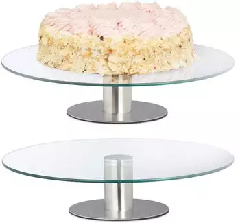 Relaxdays Tortenplatte mit Fuß, drehbar, Glas, transparent/silber, 2er-Set (10044552)