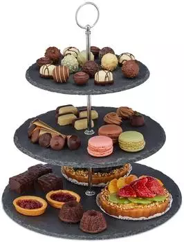 Relaxdays Etagere 3-stöckig, Schiefer, rund, anthrazit