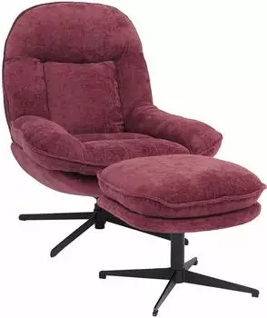 Mendler Relaxsessel mit Hocker HWC-P32 Metall Stoff/Textil Chenille (370 g/m²) ~ beere rot (118701+118705)
