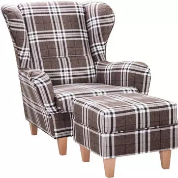 Supellex Sofia Ohrensessel mit Hocker, Oxford-Stoff, Braun/Wei&szlig; (4055928002106)