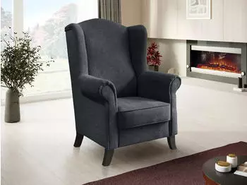 Beautysofa Leonardo Ohrensessel Plüsch Dunkelgrau, Holzbeine Wenge