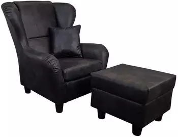 luma-home Ohrensessel mit Hocker Leder-Optik Vintage Schwarz 90x98x76cm (18007)