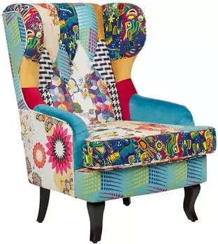 Beliani Molde Ohrensessel Patchwork-Stoff, blau, schwarze Holzbeine (MOLDE)