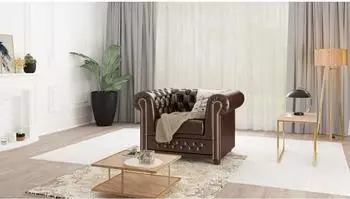 S-Style M&ouml;bel Chesterfield-Sessel Morin veganes Leder, braun, Holzf&uuml;&szlig;e (94x72x86cm)