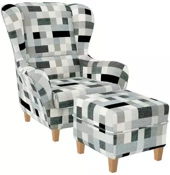 Supellex Sofia Ohrensessel mit Hocker, Textil, Patchwork grau