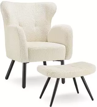 TecTake V&auml;nersborg Ohrensessel mit Hocker, Boucl&eacute;, creme/schwarz