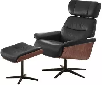 MCA Furniture MANILA Relaxsessel mit Hocker, schwarz, Walnuss Dekor, Leder