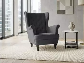 Beautysofa Falco Chesterfield-Sessel Webstoff anthrazit, Wenge-Holzbeine (Raven18)