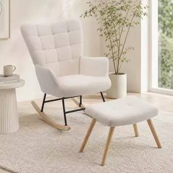 OKWISH Schaukelstuhl mit Fu&szlig;hocker, hohe R&uuml;ckenlehne, Teddy-Pl&uuml;sch, beige (68x88x91cm)