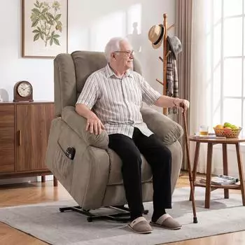 HomCom Fernsehsessel mit Aufstehhilfe, Liegefunktion, Massage & Wärme, hellbraun