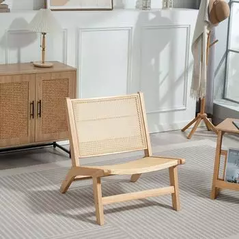 OKWISH Relaxsessel ohne Armlehnen, Rattan-Sitz und -R&uuml;ckenlehne, Naturholz, 64x70x74cm