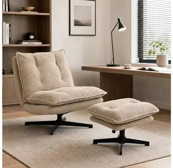 HomCom Relaxsessel mit Hocker, Cord-Optik, 360° drehbar, beige