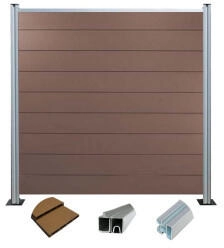 woodstore WPC Sichtschutzzaun braun 185 cm x 180 cm Komplettset inkl Pfosten silber eloxiert 1 x Zaun & 2 x Pfosten