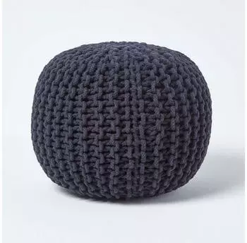 Homescapes Runder gestrickter Baumwoll-Pouf Hocker, Schwarz, 35x40cm