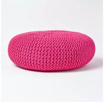 Homescapes Gro&szlig;er runder Strickpouf, 100% Baumwolle, Pink