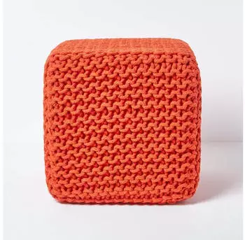 Homescapes Gestrickter Sitzw&uuml;rfel Pouf & Fu&szlig;hocker, 100% Baumwolle, Orange