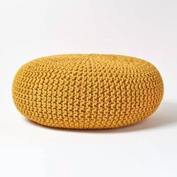 Homescapes Strickpouf Rund, 100% Baumwolle, Senf, Gro&szlig;