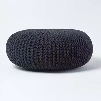 Homescapes Gro&szlig;er runder Strickpouf Hocker, Baumwolle, Schwarz (SF1366AA)