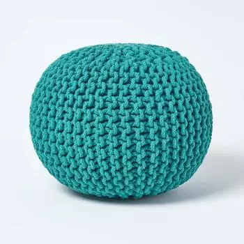 Homescapes Runder Strickpouf aus Baumwolle, Blaugrün