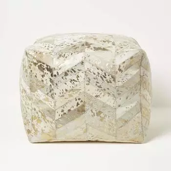 Homescapes Pouf Geometrisches Rautenmuster Leder & Fell Grau & Gold 50x40cm