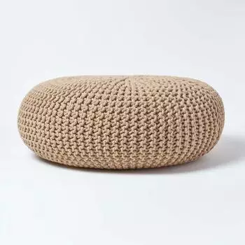 Homescapes Großer runder gestrickter Baumwoll-Pouf Hocker, Beige/Leinen