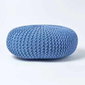 Homescapes Großer runder gestrickter Pouffe Hocker, Baumwolle, Blau