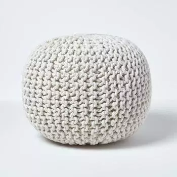 Homescapes Runder Strickpouf aus Baumwolle, Natur, 35x40cm