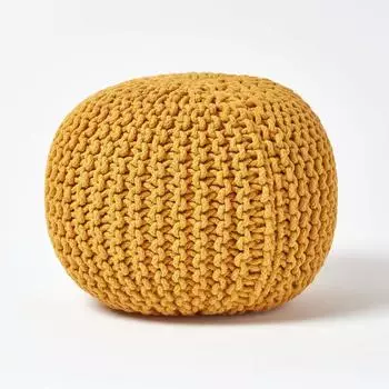 Homescapes Runder Strickpouf 100% Baumwolle, Senfgelb, 40x35cm