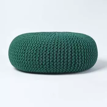 Homescapes Gro&szlig;er runder Strickpouf aus Baumwolle, Waldgr&uuml;n