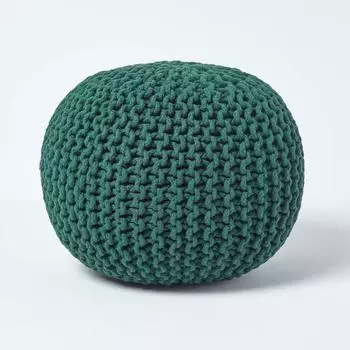 Homescapes Runder Strickpouf Fu&szlig;hocker Baumwolle Tannengr&uuml;n