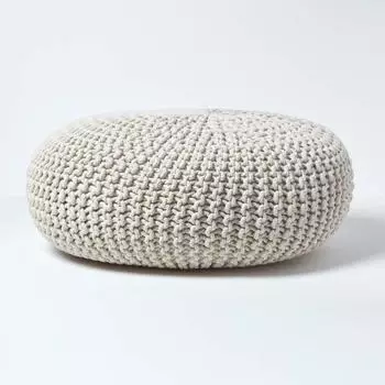Homescapes Gro&szlig;er runder Strickpouf Fu&szlig;hocker, Baumwolle, Natur