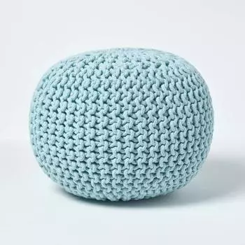 Homescapes Runder Strickpouf Bodenkissen, Baumwolle, Hellblau, 35x40cm