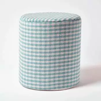 Homescapes Vichy-Karo Pouf rund, Baumwolle, blau, 40x42cm