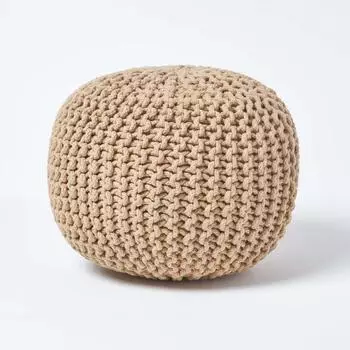 Homescapes Runder Strickpouf aus Baumwolle, beige, 35x40cm