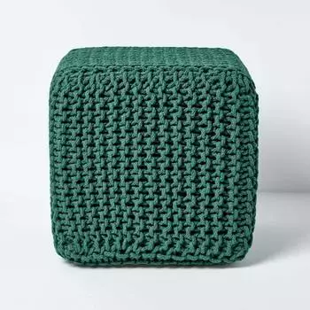 Homescapes Gestrickter Sitzwürfel Pouf, Baumwolle, tannengrün