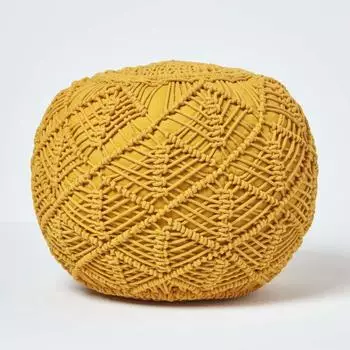 Homescapes Gehäkelter Pouf, senfgelb, 100% Baumwolle, rund, 35x40cm