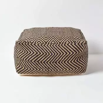 Homescapes Großer quadratischer Sitzpouf, Jute, Zickzack-Muster, schwarz & natur, 60x30cm
