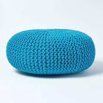Homescapes Runder Strickpouf Hocker, Baumwolle, türkis (Large)