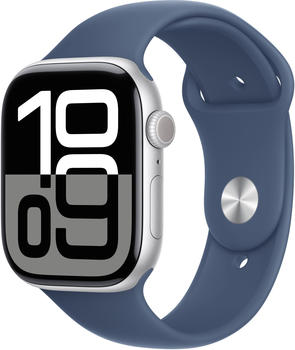 Apple Watch Series 10 4G 46mm Aluminium Silber Sportarmband Denim S/M