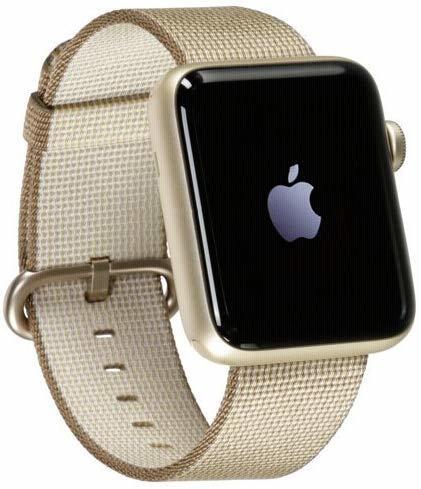Apple Watch Series 2 42mm Aluminiumgehäuse gold mit Armband aus gewebtem Nylon kaffeekaramell