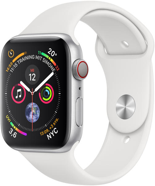 iOS Smartwatch Eigenschaften & Ausstattung Apple Watch Series 4 GPS + Cellular 44mm silber Aluminium Sportarmband weiß