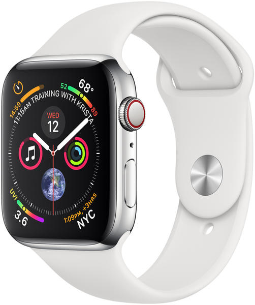 Display & Armband Apple Watch Series 4 GPS + Cellular 44mm silver Edelstahl Sportarmband weiß