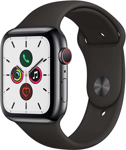 Eigenschaften & Armband Apple Watch Series 5 GPS + LTE 44mm Edelstahl schwarz Sportarmband schwarz
