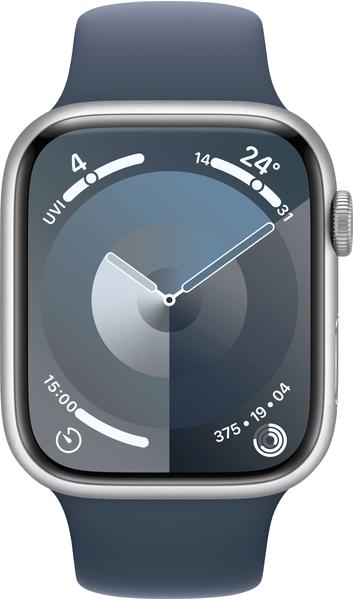 Apple Watch Series 9 GPS 45mm Aluminium Silber Sportarmband Sturmblau M/L