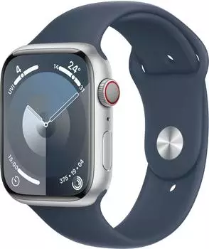Apple Watch Series 9 4G 45mm Aluminium Silber Sportarmband Sturmblau M/L